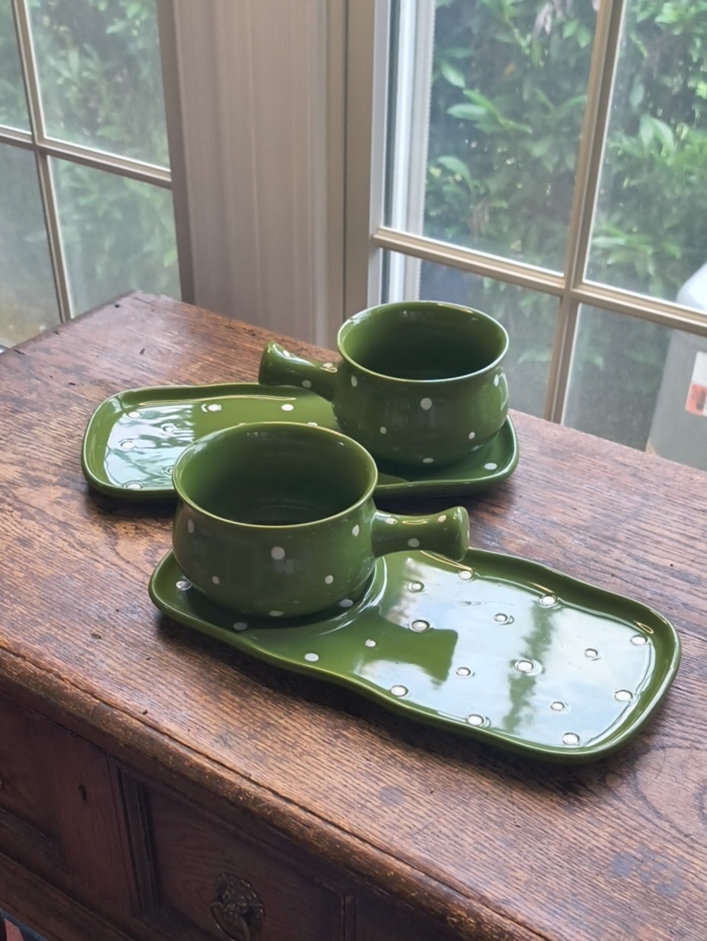 Temp-Tations Green Polka Dot Ceramic Mug with Snack Tray Set Of 2